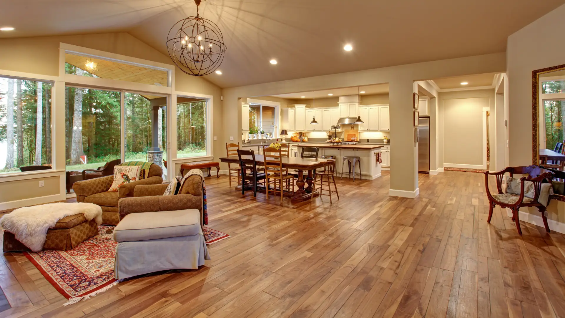 Open plan living room with dark hardwood refinishing in Austin