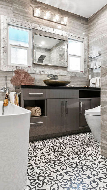 Contemporary kitchen with patterned tile flooring in Austin